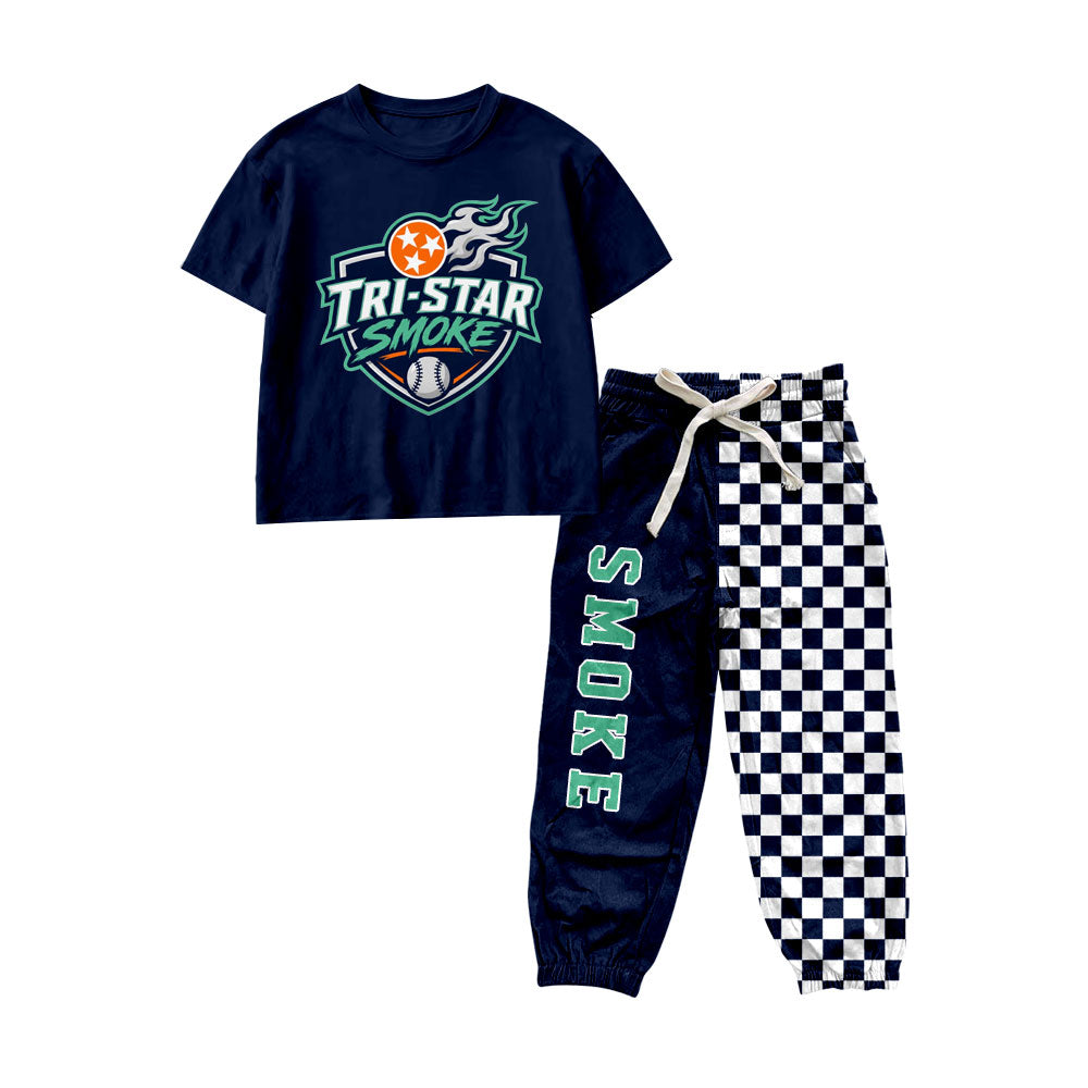 MOQ 5 short sleeves baseball top plaid pants boy team outfits
