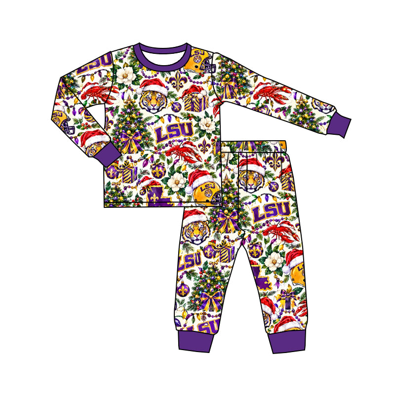 MOQ 8 pcs tiger L S U girls Christmas team pajamas set