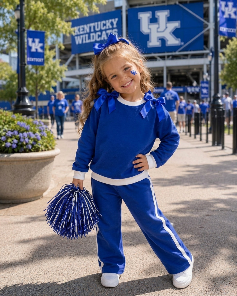 MOQ 8 Long sleeves blue bow cotton girls team outfits