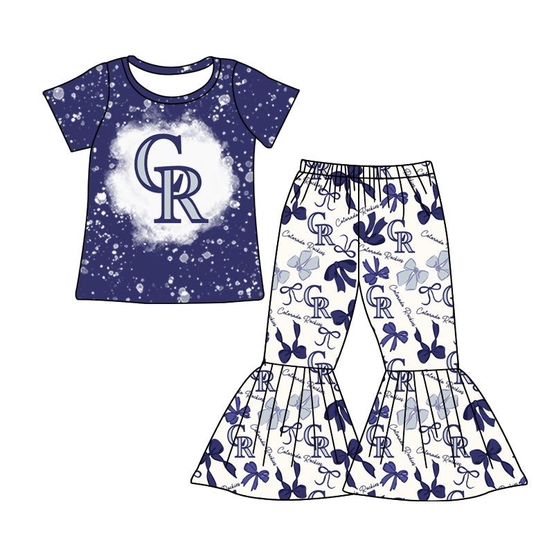 MOQ 3 pcs bleached navy C R top bow pants girls team clothes
