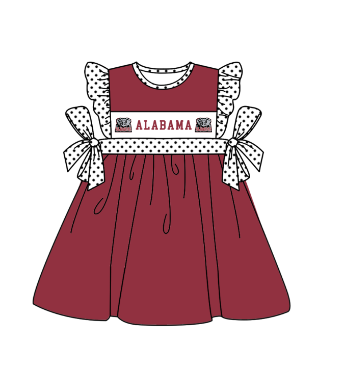 MOQ 5 pcs maroon flying sleeves white polka dots bow A girls team dresses