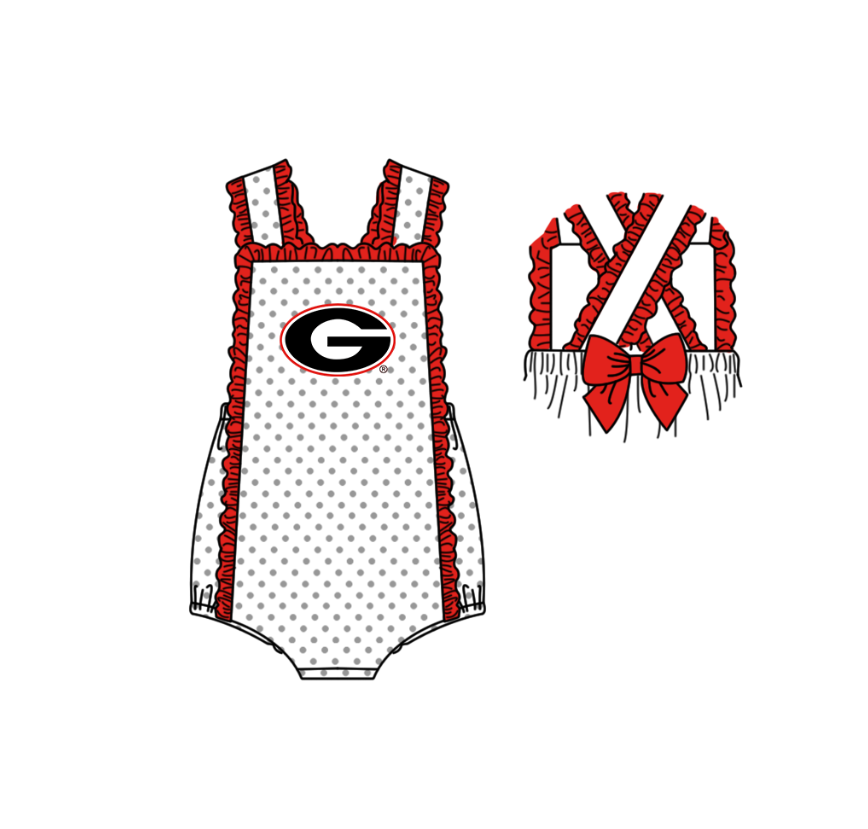 MOQ 5 pcs white polka dots sleeveless red bow G baby girls team romper