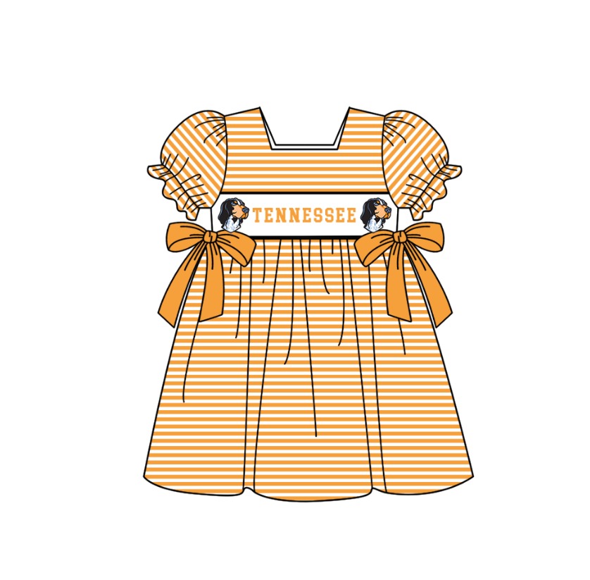 MOQ 5 pcs Short sleeves orange stripe bow T girls team dresses