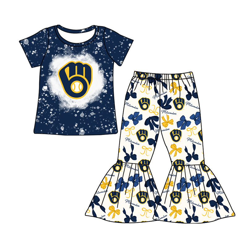 MOQ 3 pcs bleached navy top bow pants girls team clothes