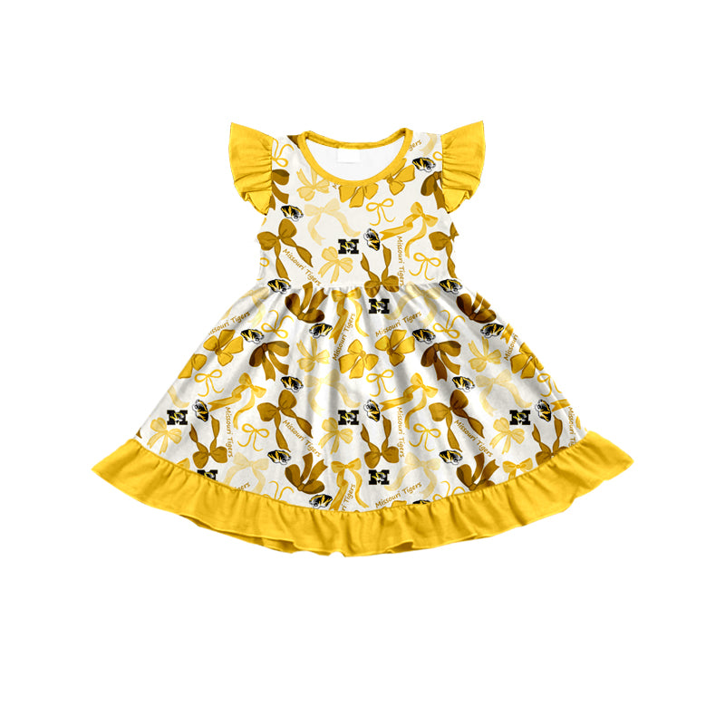 MOQ 3 pcs flutter sleeves M yellow bows girls team dress