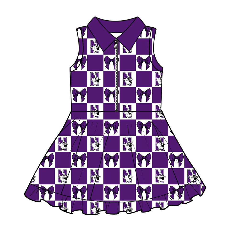 MOQ 5 pcs sleeveless plaid bow purple N girls team athletic polo dress