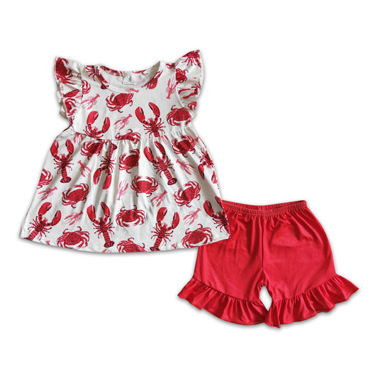 Crawfish crab print flutter sleeve red shorts girls summer outfits