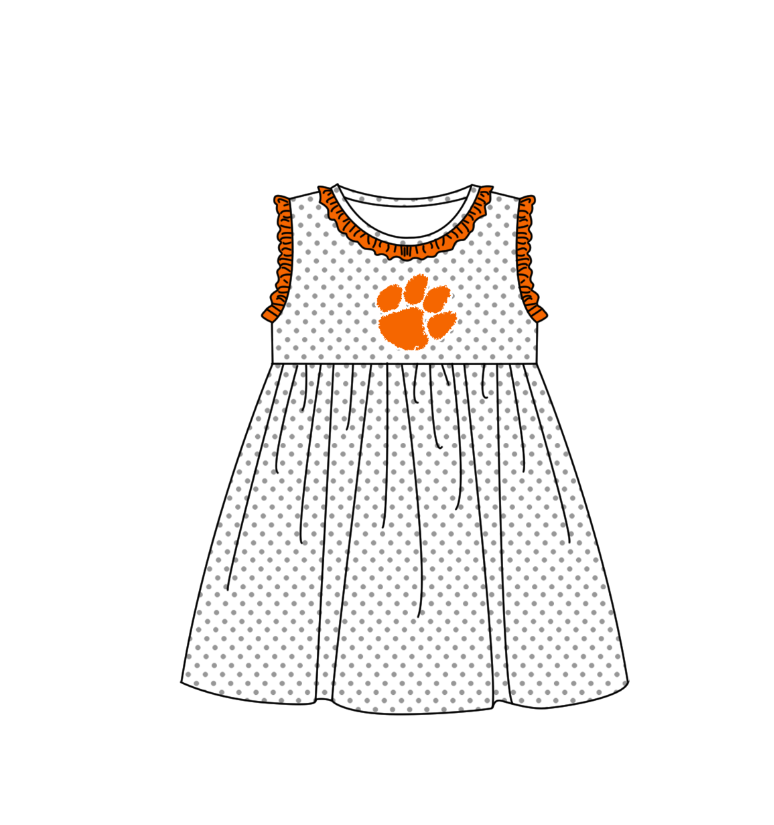 MOQ 5 pcs orange ruffle sleeveless white polka dots girls team dresses