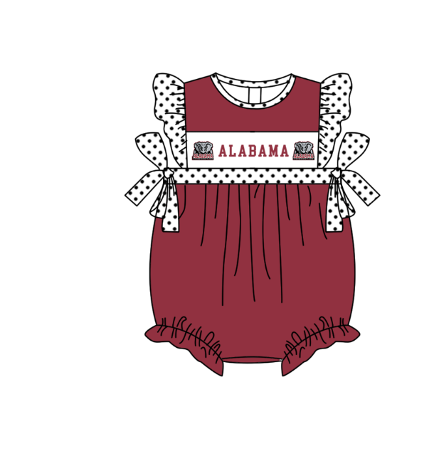MOQ 5 pcs maroon flying sleeves white polka dots bow A baby girls team romper