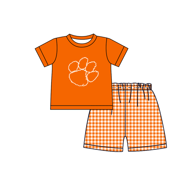 MOQ 5 pcs orange short sleeves top plaids shorts boys team outfit