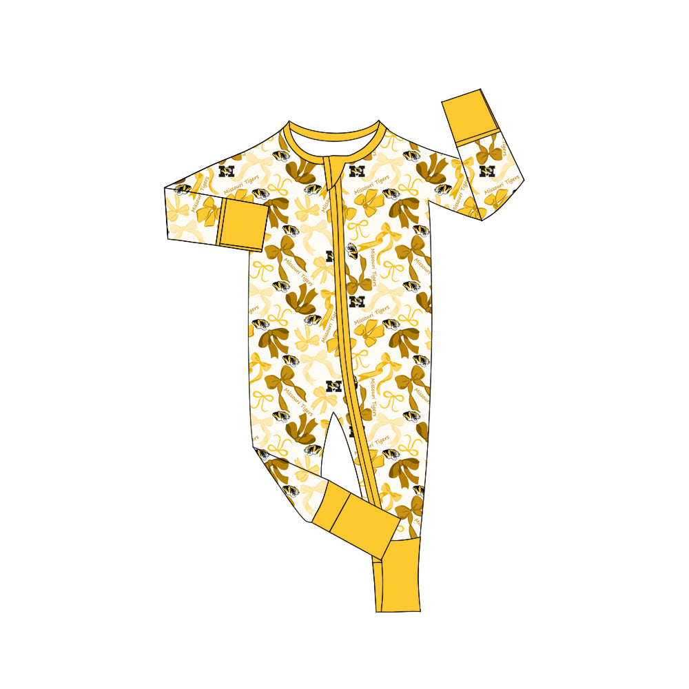 MOQ 3 pcs long sleeves M yellow bows baby team zip romper