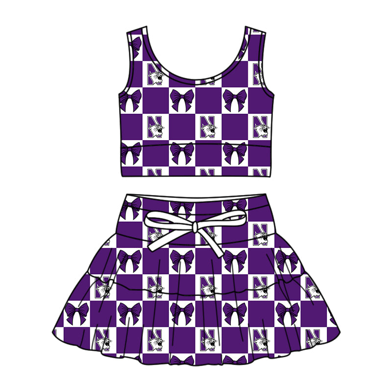 MOQ 5 pcs sleeveless purple N bow plaid top skirts girls team active outfits