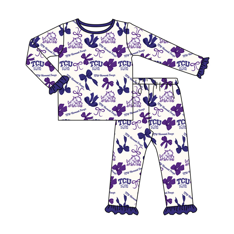 MOQ 3 Long sleeves T C U purple bows kids girls team pajamas