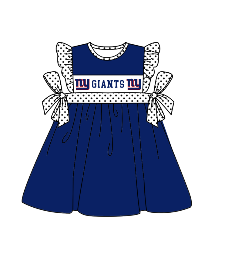 MOQ 5 pcs blue flying sleeves white polka dots bow NY girls team dresses