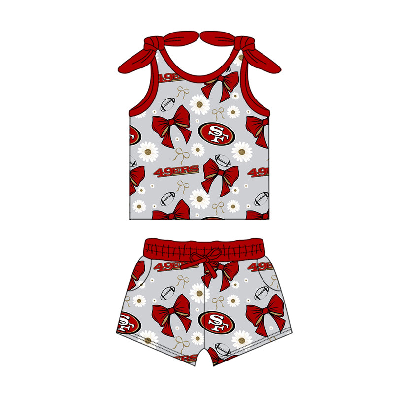 MOQ 3 pcs sleeveless red bow S F floral kids girls team outfits