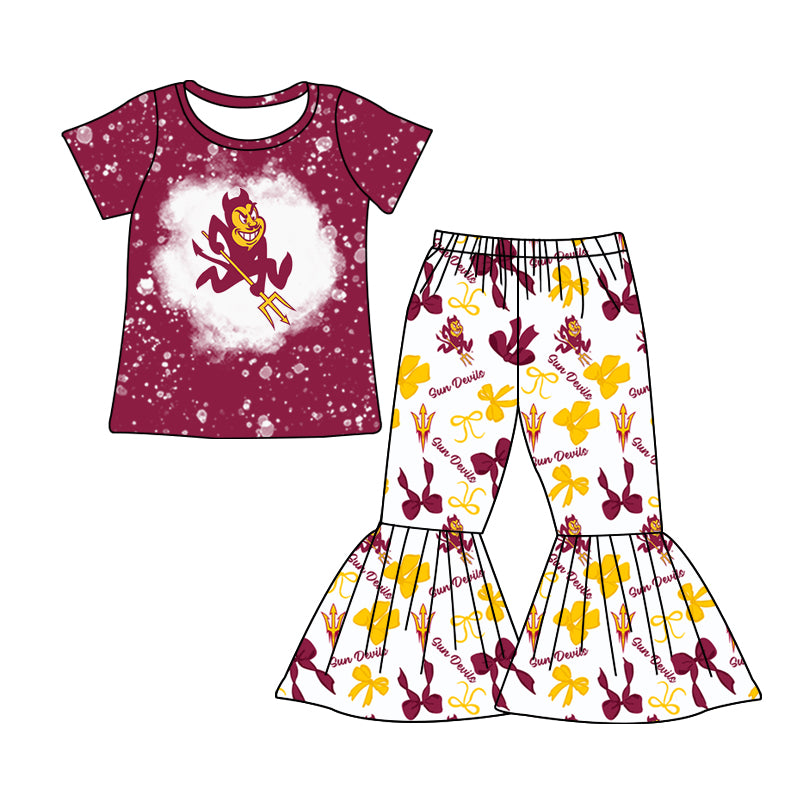 MOQ 3 pcs bleached maroon top bow bell bottoms pants girls team clothes