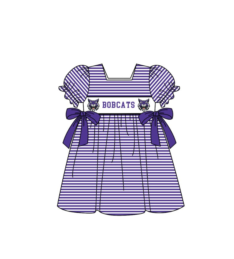 MOQ 5 pcs Short sleeves purple stripe bow CATS girls team dresses