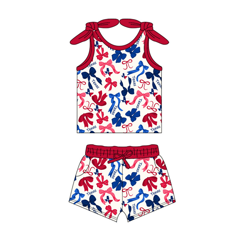 MOQ 3 pcs sleeveless T red blue bow top shorts girls team clothes