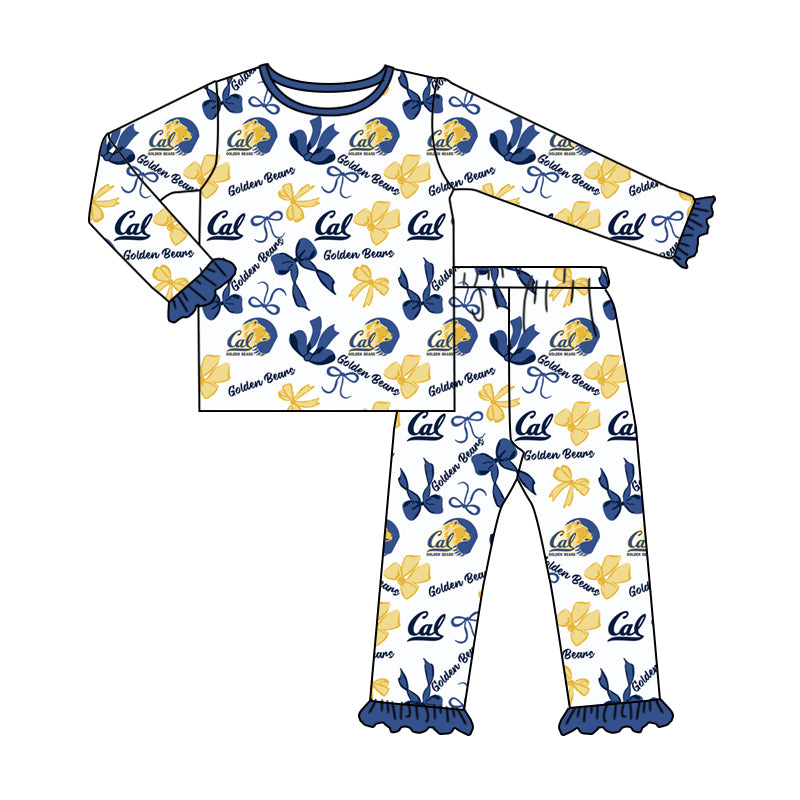 MOQ 3 Long sleeves blue golden bows kids girls team pajamas