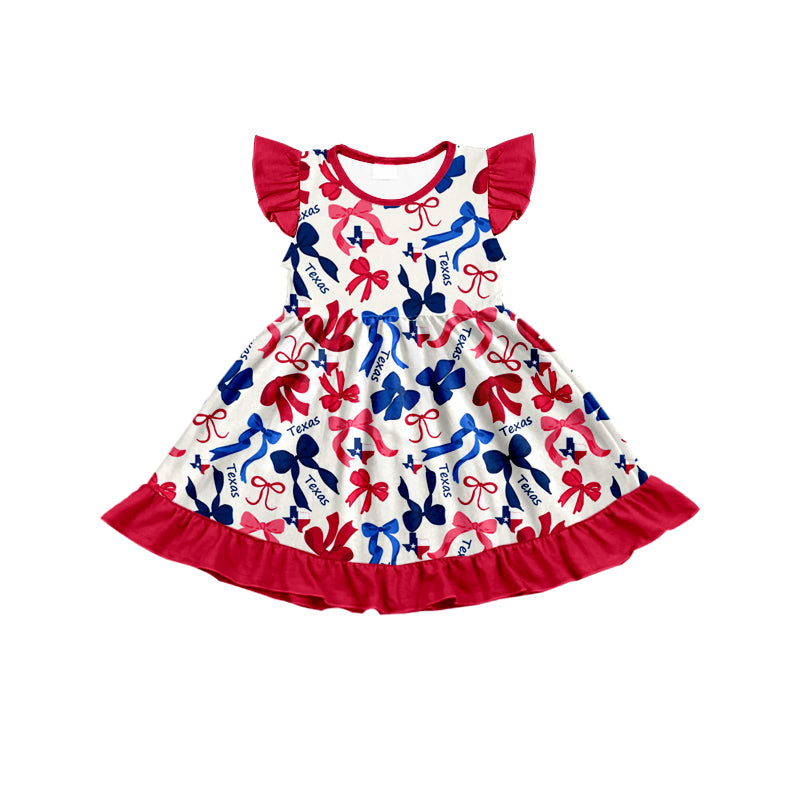 MOQ 3 pcs flutter sleeves T red blue bows girls team dress