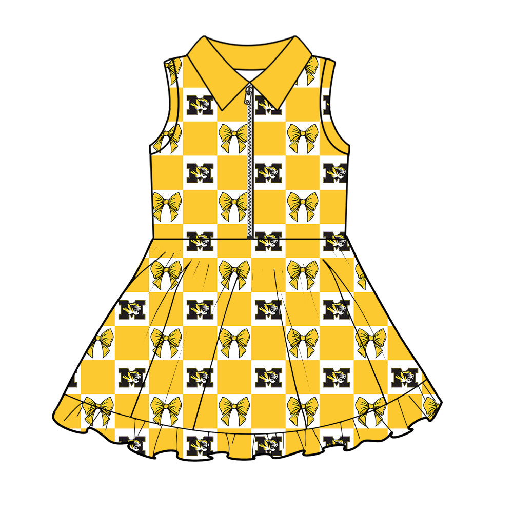 MOQ 5 pcs sleeveless plaid bow yellow M I girls team athletic polo dress