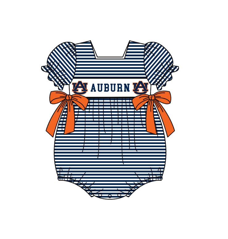 MOQ 5 pcs dark blue stripe orange bow AU short sleeves baby girls team romper