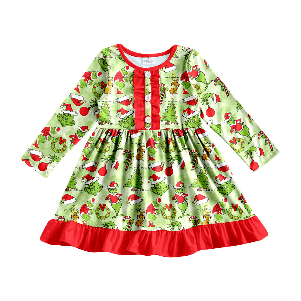 MOQ 5 green face red ruffle kids girls Christmas dress