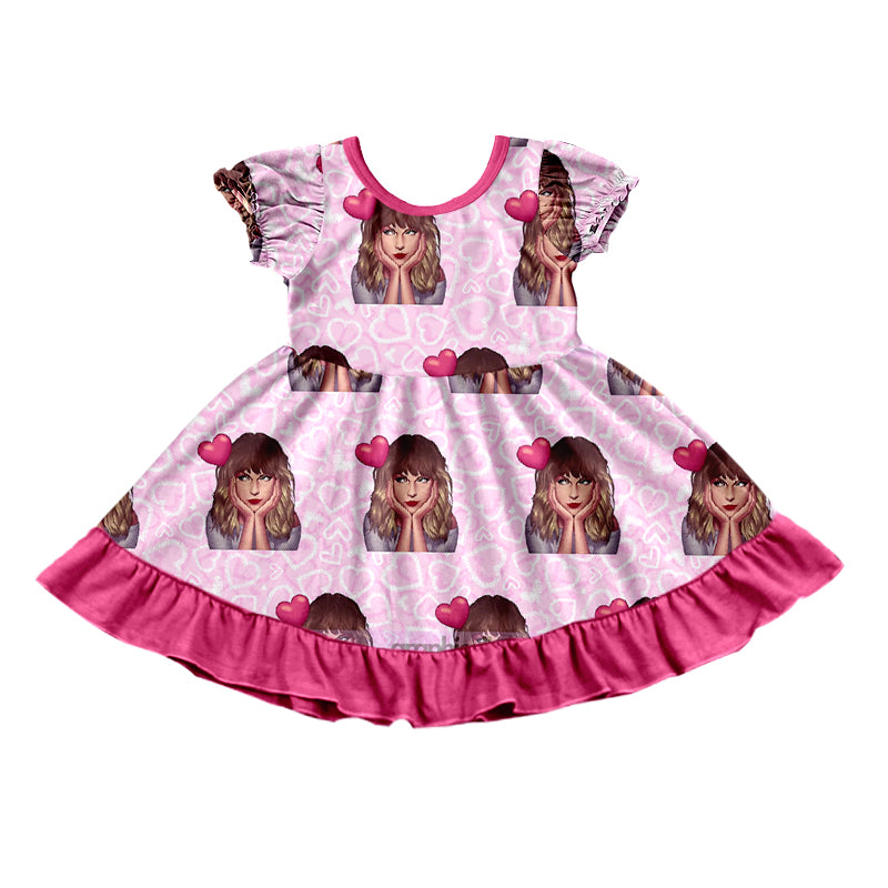 MOQ 3 Short sleeves pink heart ruffle singer girls dress