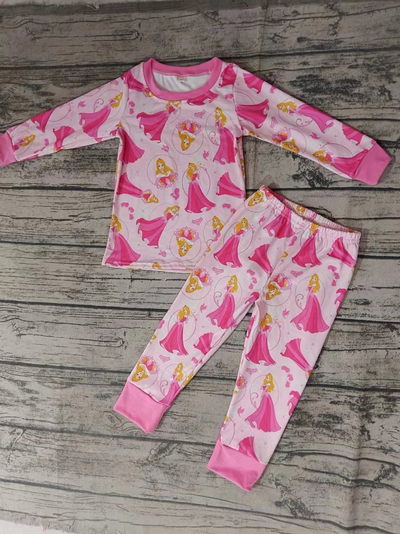 MOQ 5 long sleeves hot pink princess girls pajamas