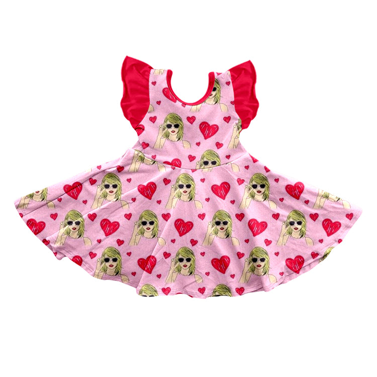 MOQ 3 Red flutter sleeves heart ears singer girls dresses