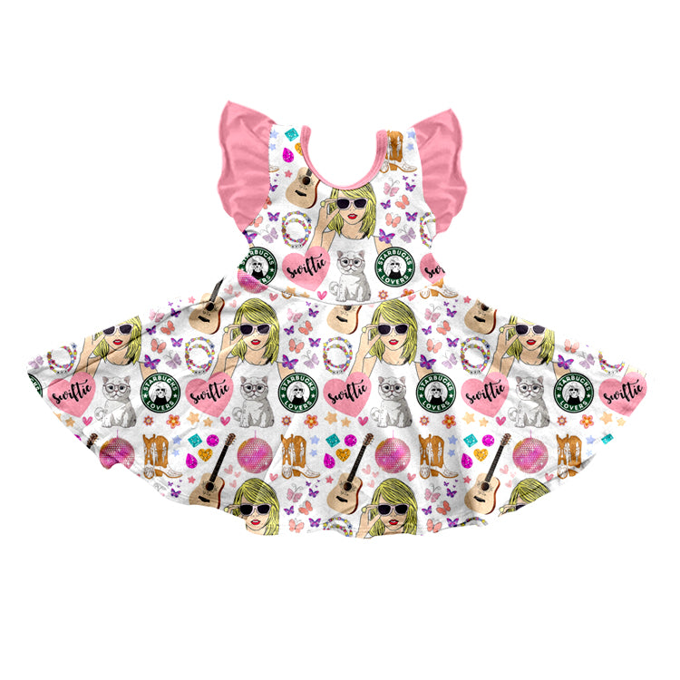 MOQ 3 pink flutter sleeves heart guitar ears singer girls dresses