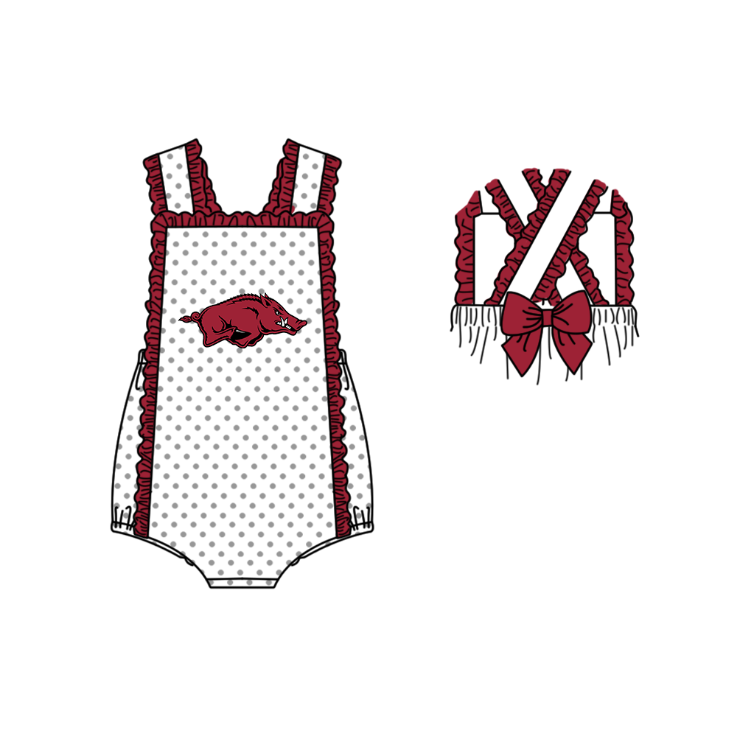 MOQ 5 pcs white polka dots sleeveless maroon bow baby girls team romper