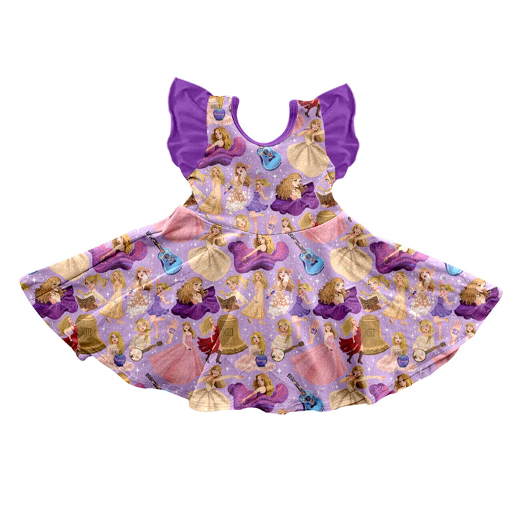 MOQ 3 Purple flutter sleeves singer girls twirl dresses