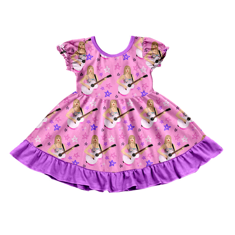 MOQ 3 Purple short sleeves ruffle guitar singer girls dresses