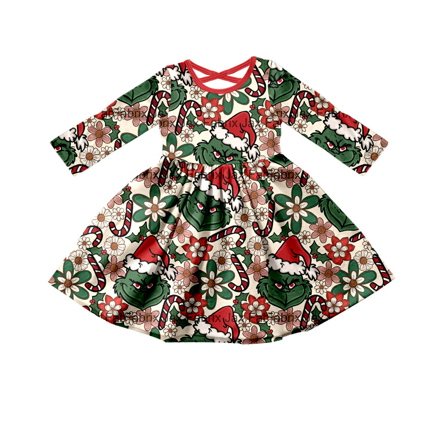 MOQ 5 green face floral long sleeves baby girls Christmas dress