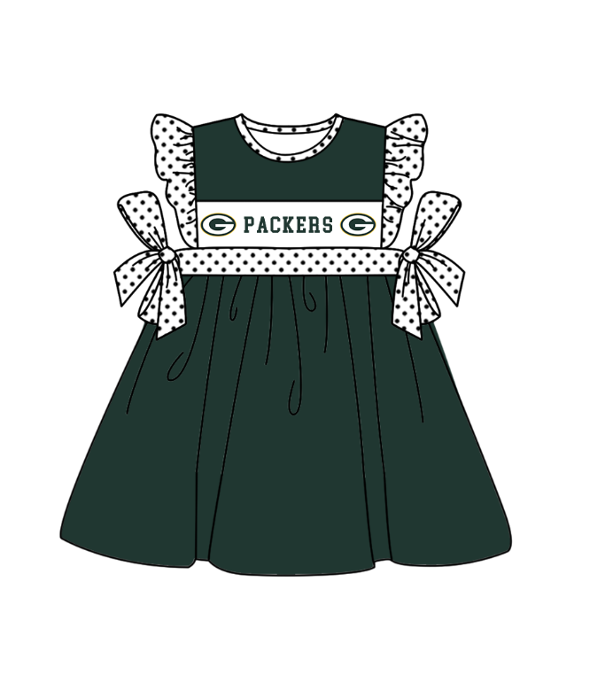 MOQ 5 pcs dark green flying sleeves white polka dots bow G girls team dresses