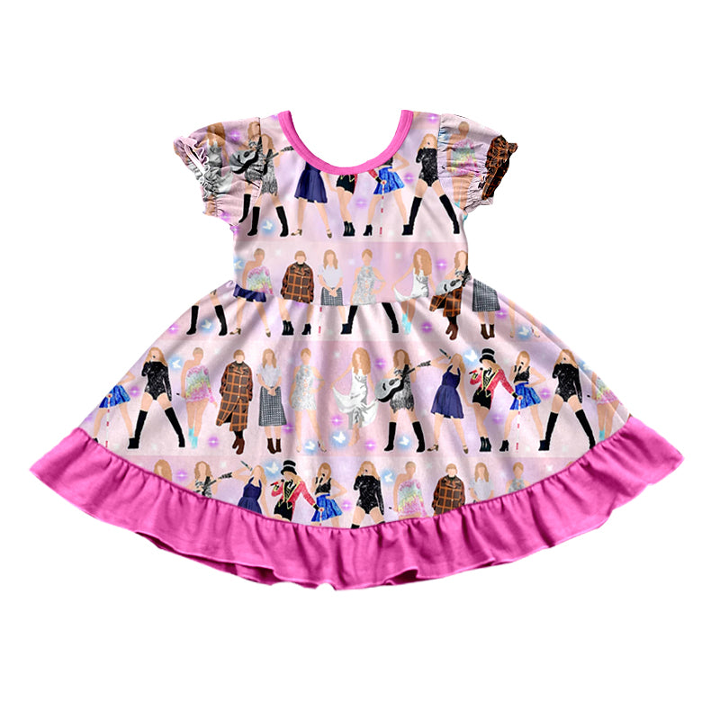 MOQ 3 Short sleeves pink ruffle singer girls dresses