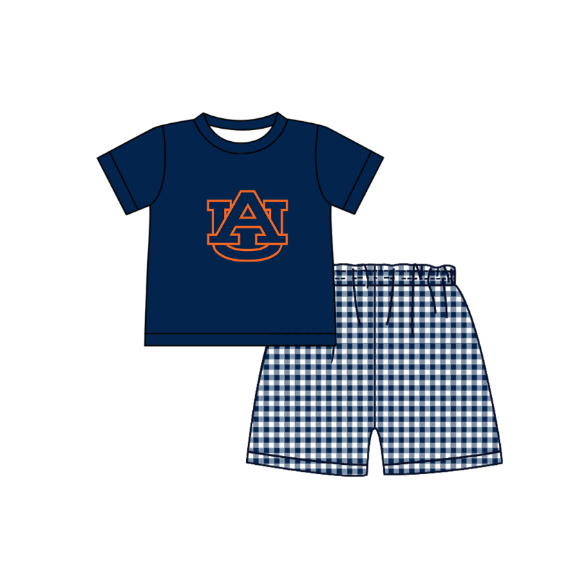 MOQ 5 pcs dark blue short sleeves AU top plaids shorts boys team outfit