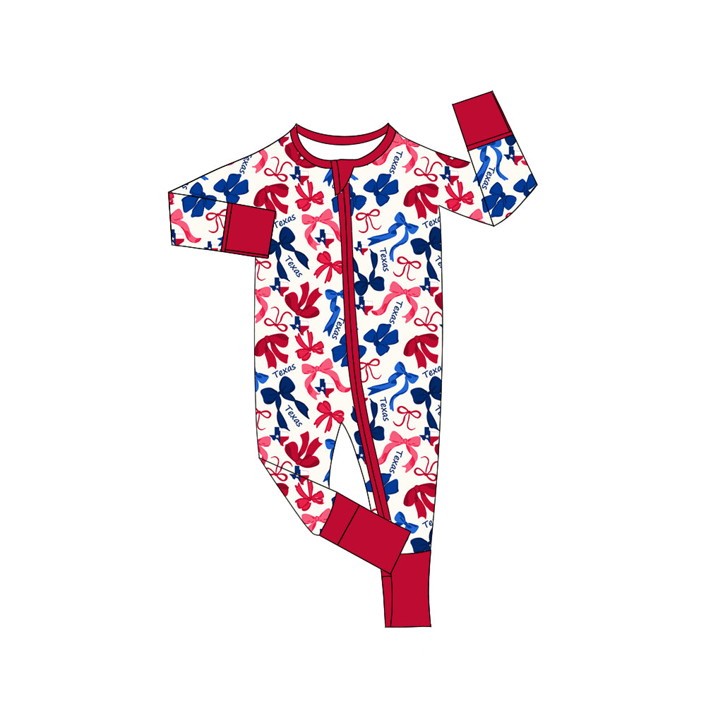 MOQ 3 pcs long sleeves T red blue bows baby team zip romper