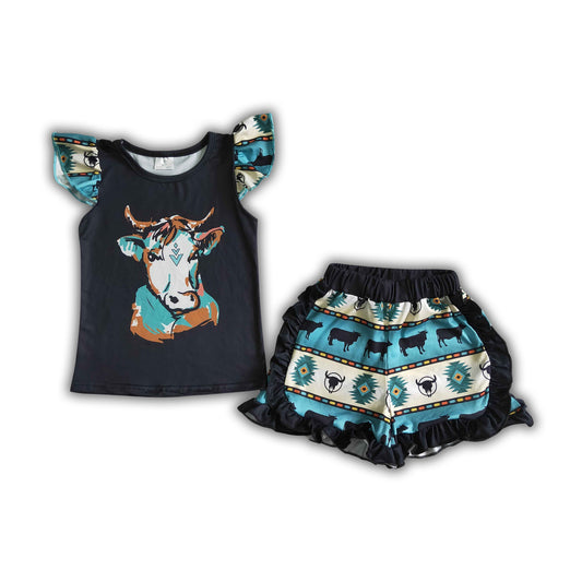 Cow print shirt ruffle shorts kids boutique clothing