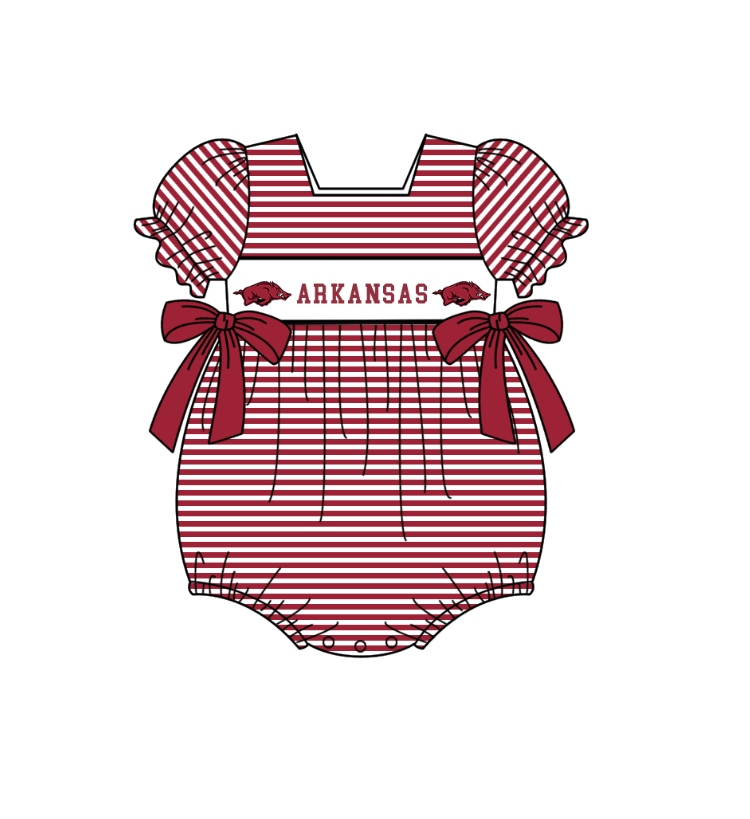 MOQ 5 pcs wine red stripe bow short sleeves baby girls team romper