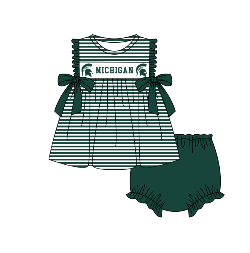 MOQ 5 pcs green stripe bow M tunic bummies baby girls team set
