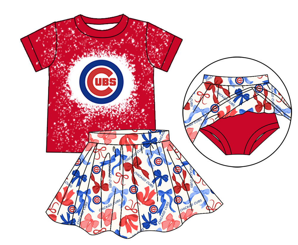 MOQ 3 pcs C bleached top red blue bow skirt girls team outfits