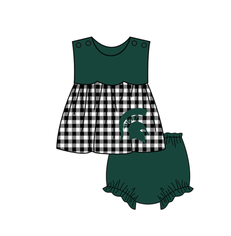 MOQ 5 pcs black plaids sleeveless tunic green bummies baby girls team set