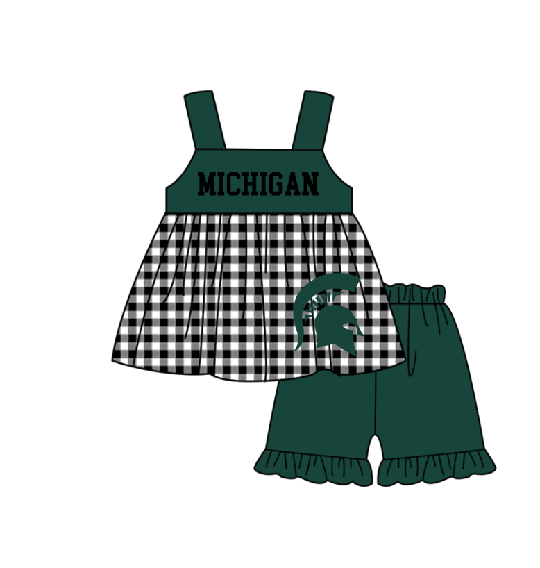 MOQ 5 pcs black plaids sleeveless M tunic green ruffle shorts girls team outfit