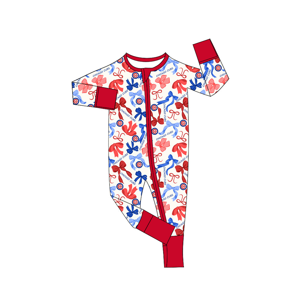 MOQ 3 pcs long sleeves C red blue bows baby team zip romper