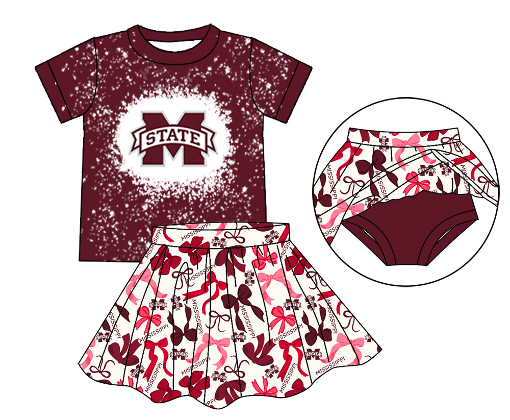 MOQ 3 pcs maroon M bleached top bow skirt girls team outfits