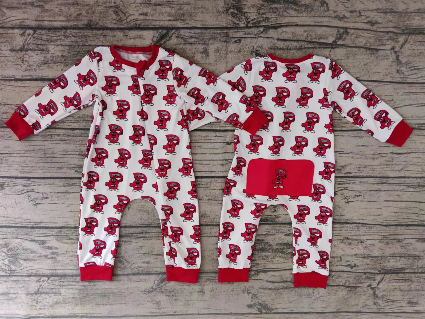 MOQ 3 PCS W K U red long sleeves baby kids zipper team romper