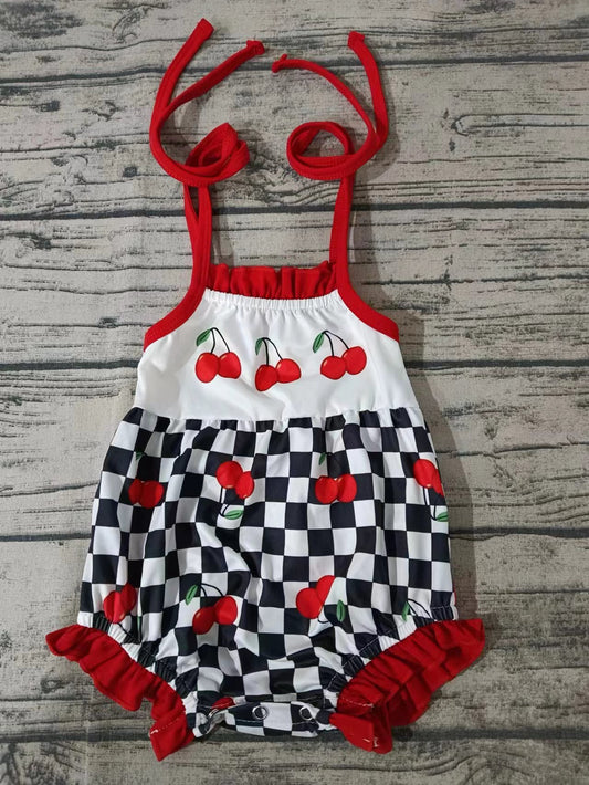 MOQ 3 pcs straps plaid cherry baby girl romper