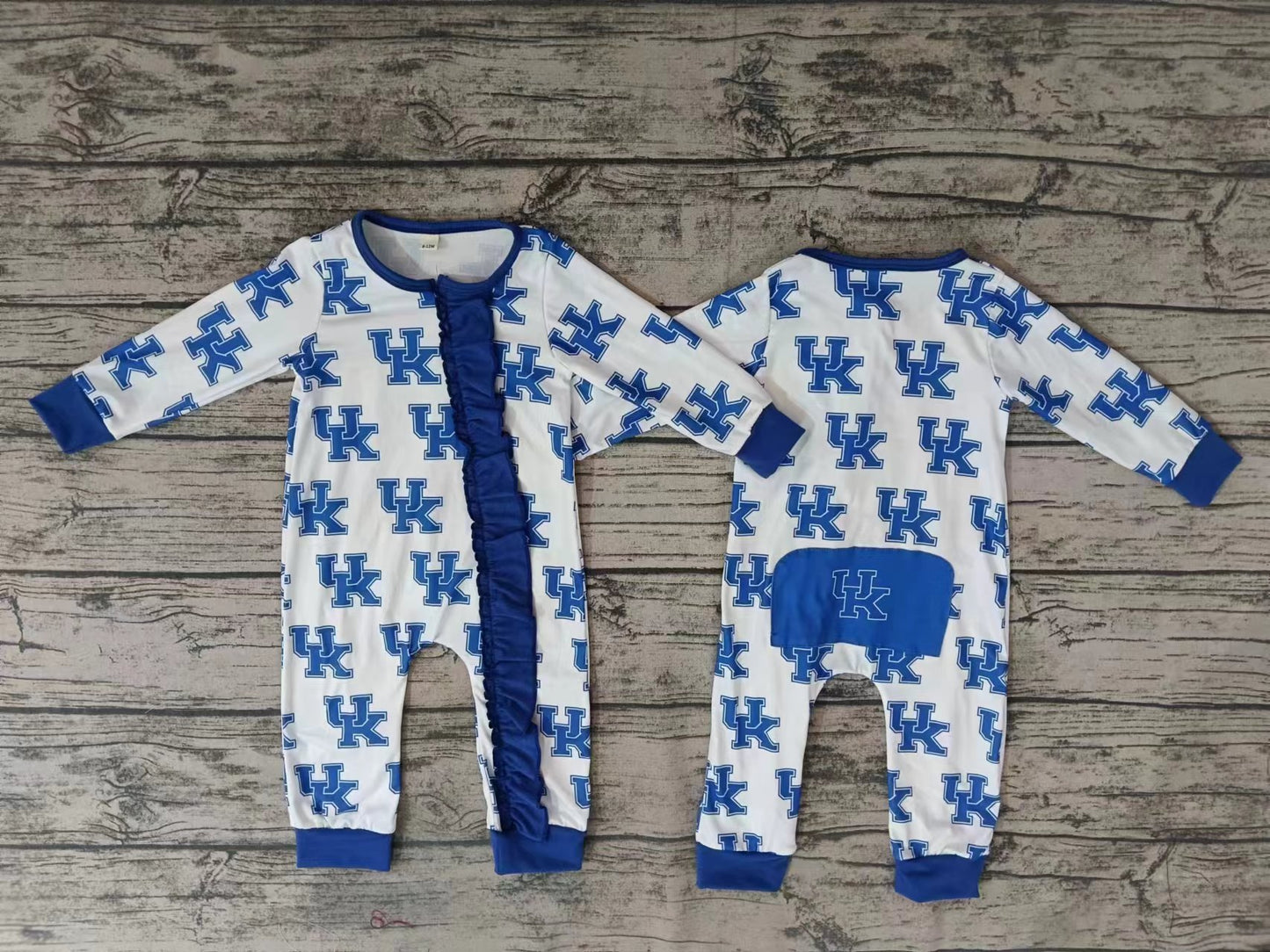 MOQ 3 PCS U K blue long sleeves baby kids zipper team romper